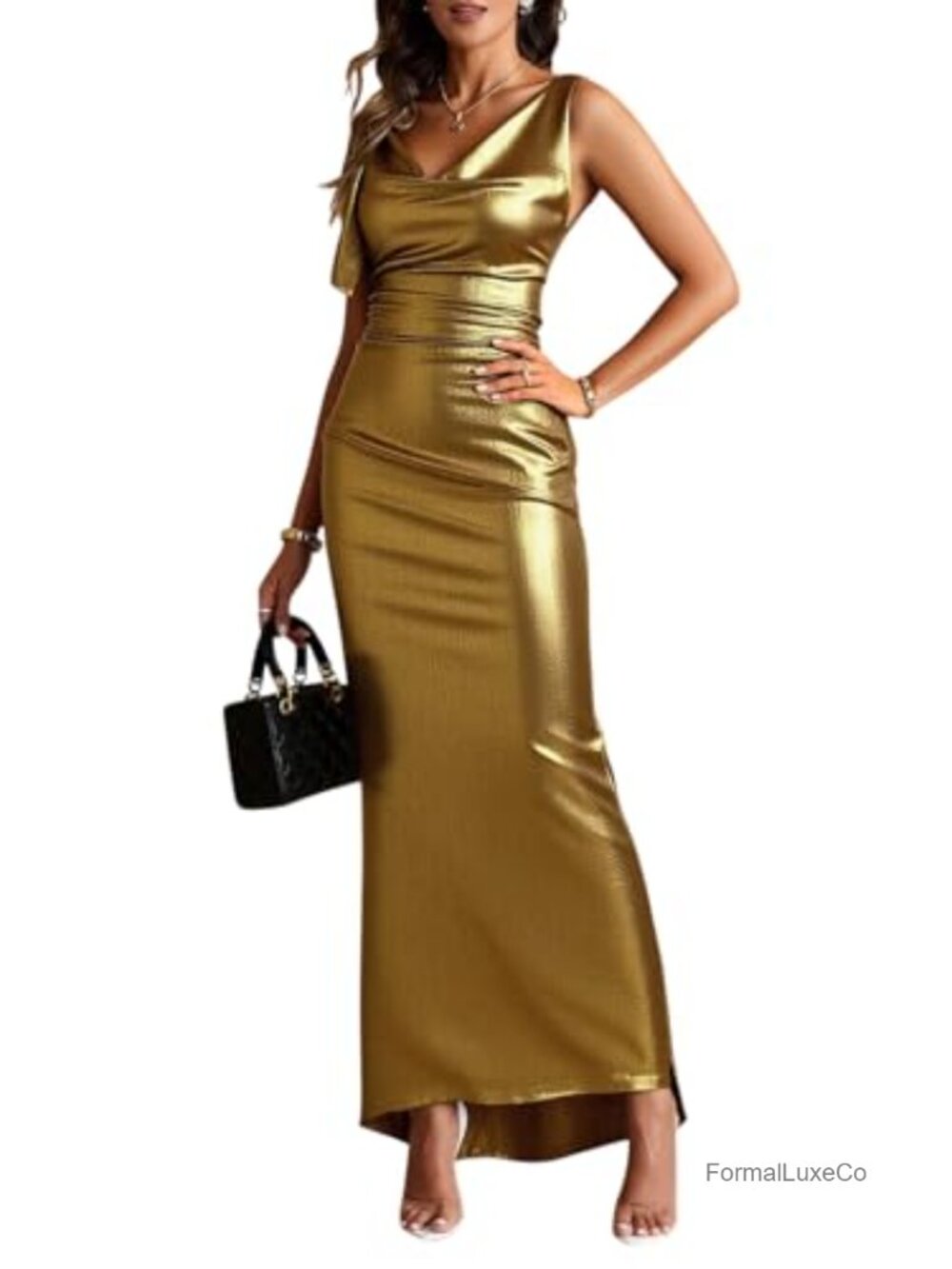 Metallic Bow Tie Backless Ruched Bodycon Maxi Dress